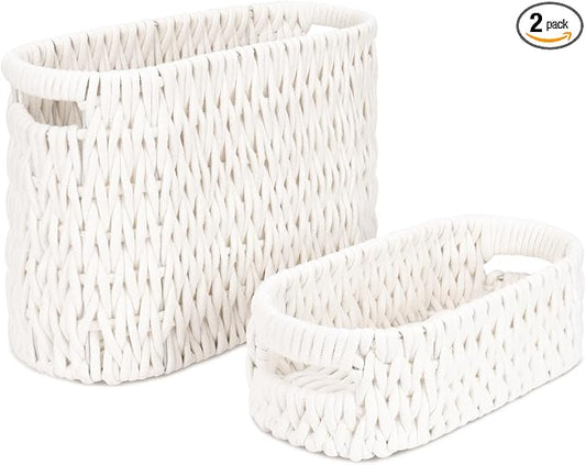 Boho Toilet Paper Storage Baskets, Cotton Rope Woven Bathroom Basket Set of 2, Standing Toilet Paper Holder for 6 Mega Rolls,Storage Bins for Toilet Tank Top, Bathroom Organizer Decor (White 2 Pack)