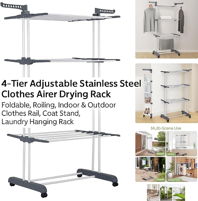 4-Tier Adjustable Stainless Steel Clothes Airer Drying Rack - Foldable (vertically), Rolling, Indoor & Outdoor Clothes Rail, Coat Stand, Laundry Hanging Rack