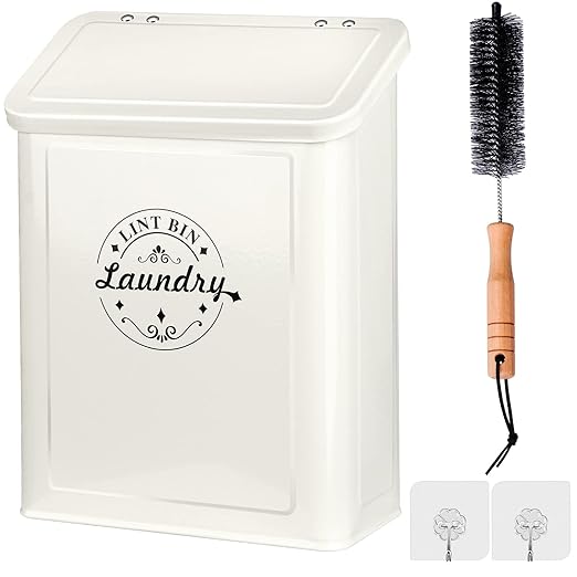 SACREDAY Magnetic Lint Bin for Laundry Room Organization and Storage with Brush, Wall-Mounted Dryer Lint Bin for Room Decor, Space-Saving Trash Can (Cream)