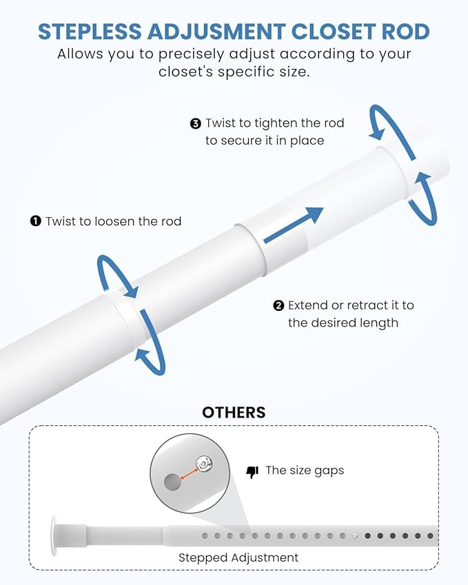 Supforce 3 PACK Closet Rods for Hanging Clothes, 17 to 54 Inches Stepless Adjustable Metal Closet Rod, 1.3 Inches Heavy Duty Clothes Hanging Rod for Closet Wardrobes Laundry RV, White