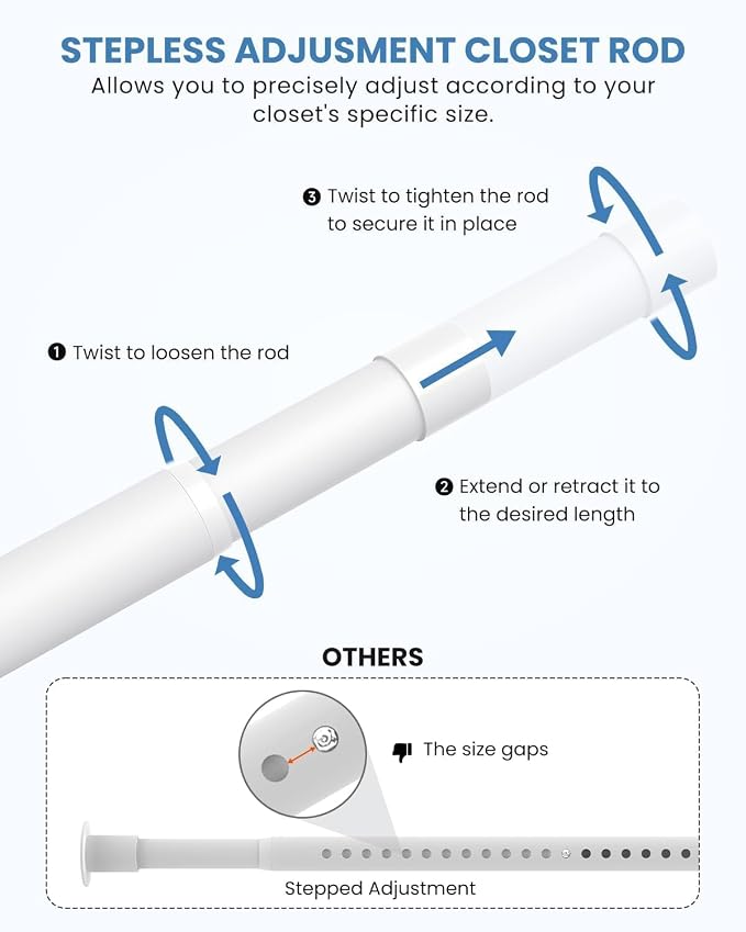 Supforce 3 PACK Closet Rods for Hanging Clothes, 17 to 28 Inches Stepless Adjustable Metal Closet Rod, 1.3 Inches Heavy Duty Clothes Hanging Rod for Closet Wardrobes Laundry RV, White