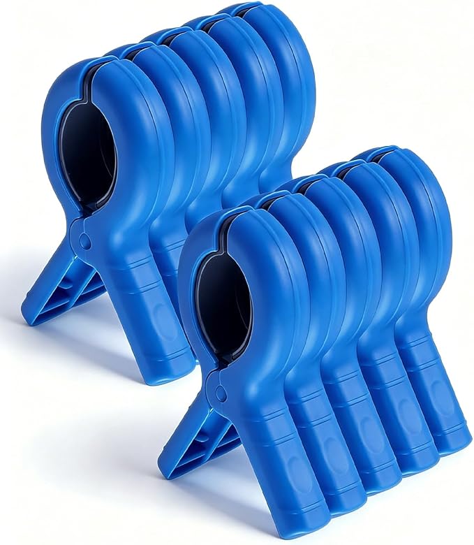 10 Pack Beach Towel Clips Heavy Duty Large Beach Essentials Chair Pool Clip | Deep Blue Clips with Strong Grip, Silicone Protection, Rust Resistant Spring, Multi-Use for Beach, Boat, Cruise & Outdoors