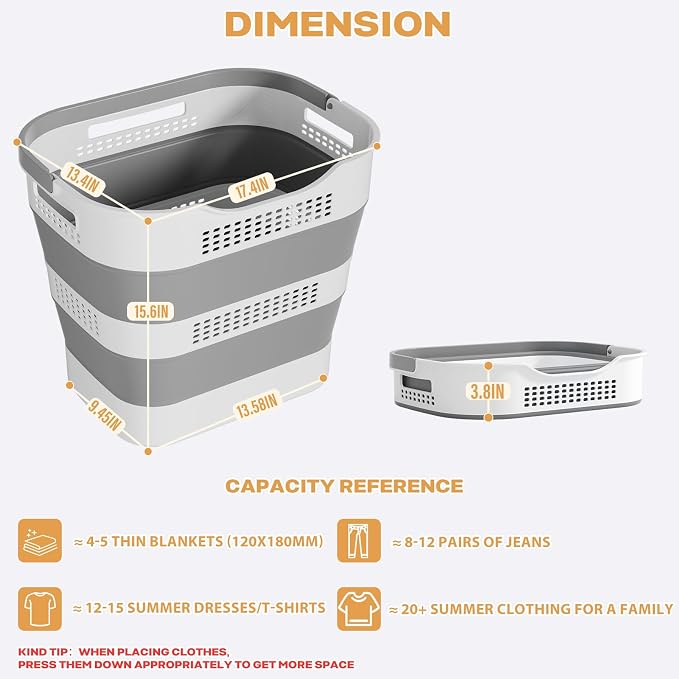 OOAMBB 43L(11.5Gallon) Collapsible Plastic Laundry Basket (Grey,1 Pack) | Foldable Laundry Basket with Handle,Pop Up Tall Storage Container/Organizer/Clothes Hamper for Laundry