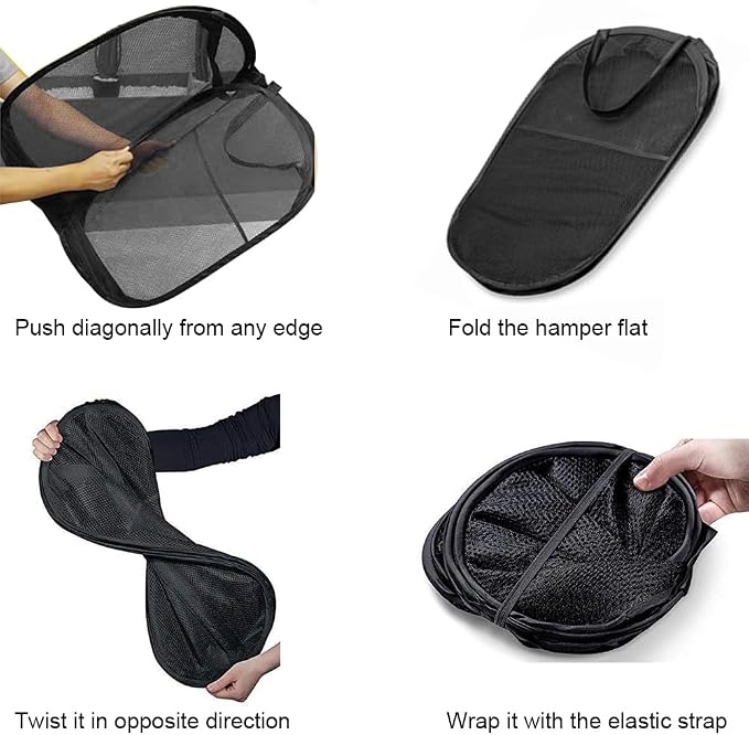 Mesh Pop up Laundry Hamper with Portable Handles, Collapsible Laundry Basket for Storage, Folding Pop-Up Clothes Hampers for Home, College Dorm or Travel, Black