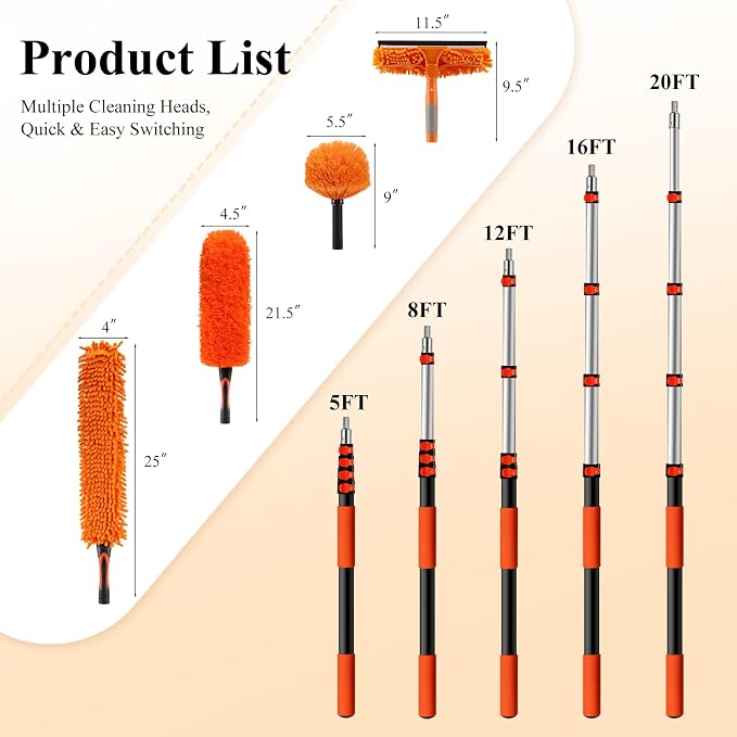 26ft High Reach Duster Kit with 5-20ft Heavy-Duty Extra Long Extension Pole, Vaulted Ceiling Cobweb Brush, Washable Ceiling Fan Duster, Microfiber Duster & Window Squeegee for Tall Ceiling