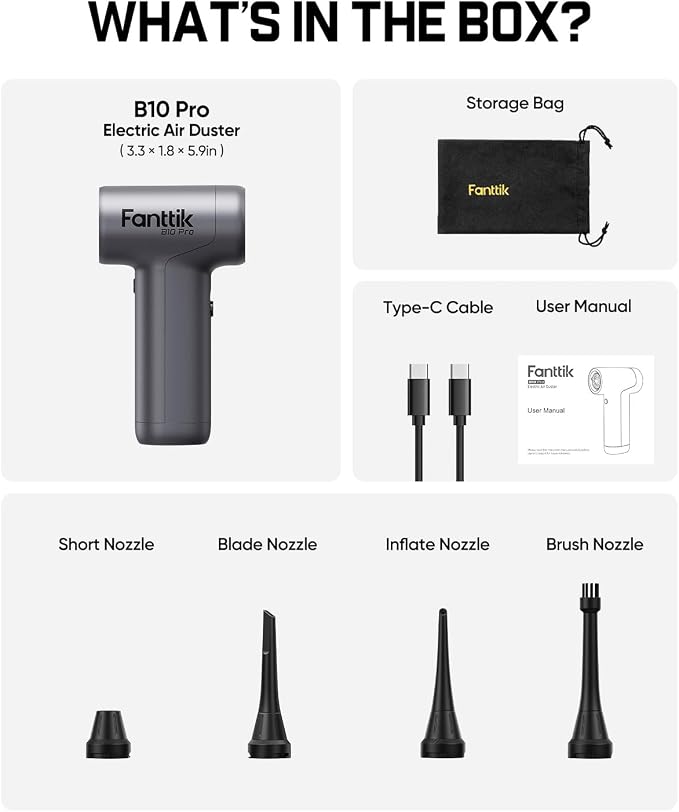Fanttik B10 Pro Electric Air Duster (Sliver) | 110,000RPM Brushless Motor, One-Tap Booster, 3-Speed Adjustable Control for PC, Keyboard & Electronics