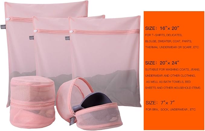 Lingerie Bag for Washing Delicates, Pink Bra Bags for Laundry, 5pcs | PInk Laundry Bag for Washing Machine & Dryer, For Garments, Sock, Underwear, Panties, Fine Mesh, Zipper Closure, 5Pack