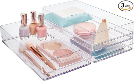 STORi SimpleSort 3-Piece Stackable Clear Drawer Organizer, 12" x 6" x 2" | Rectangle Trays, Wide Makeup Vanity Storage Bins, Office Desk Drawer Dividers, Made in USA