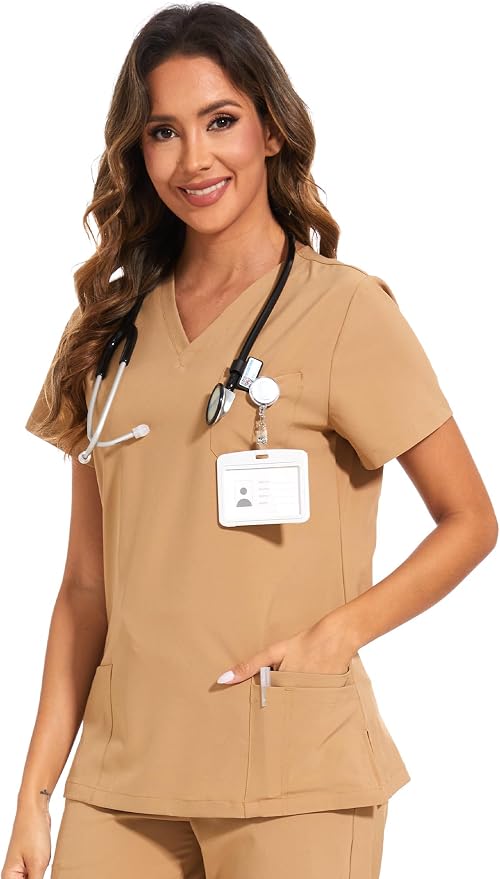 Scrubs Tops for Woman - Soft Stretch, V-Neck Tops | 3 Pockets, Side Split Design, Short Sleeve, Breathable & Lightweight Nursing Shirt, Easy-Care Fabric for All-Day Comfort