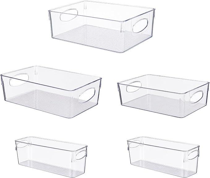 UFORU 5 Pack Clear Plastic Pantry Organizers and Storage, Stackable Storage Bins with Handles, Clear Storage Bins for Kitchen, Fridge, Freezer, Cabinet and Containers for Pantry Organization