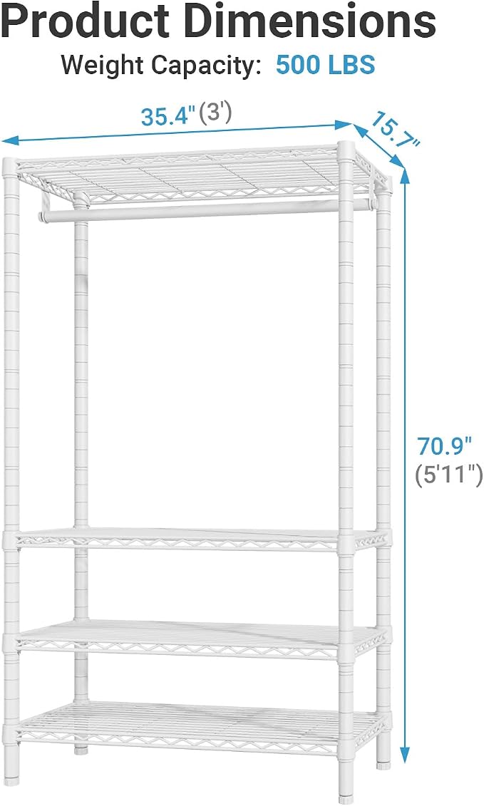VIPEK V1 Wire Garment Rack 4 Tiers Heavy Duty Clothes Rack for Hanging Clothes Freestanding Closet Clothing Rack with 4 Adjustable Shelves, 35.4" L X 15.7" W X 70.9" H, Max Load 500LBS, White