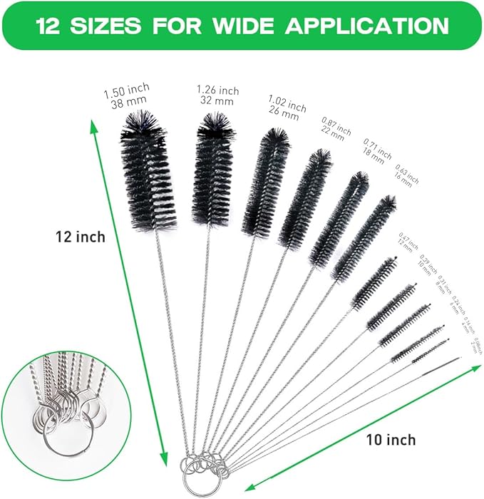 Brush Family Straw Cleaner Brush Set,12 Pieces Extra Long Pipe Water Bottle Brushes for Cleaning Reusable Drinking Straws,Bird Feeders,Pipes,Black (12pcs Different diameters Set)