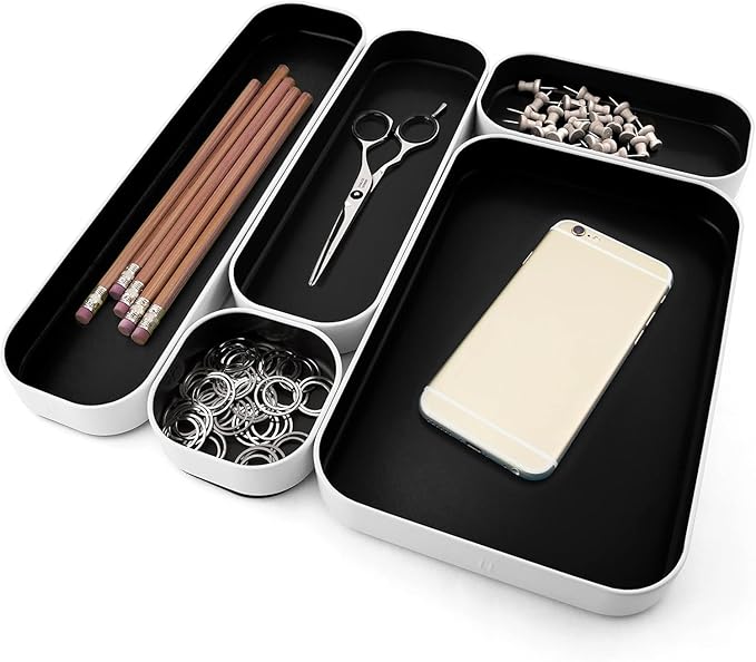 Three by Three Seattle Metal Drawer Organizer Tray Set, 5-Pc, 1" (Black) | Colorful 1" metal bins; food-safe; soft non-scratch base; kitchen, bathroom, vanity, desk & office drawers