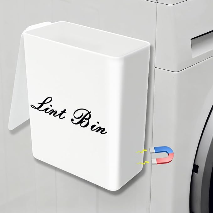 Artilife Magnetic Dryer Lint Bin with Lid, 6 x 5 in White ABS Plastic | Compact 1.8L dryer lint holder mounts to metal appliances without tools; fitted lid hides lint and sheets for laundry room