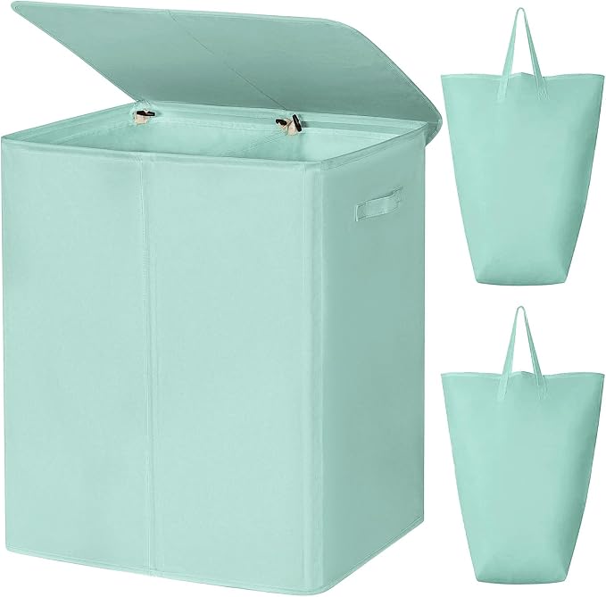 WOWLIVE 154L Double Laundry Hamper 2 Section with Lid and Removable Bags | Divided Laundry Basket, Large Dirty Clothes Hamper with Handle, Collapsible Laundry Storage for Dorm, College, Mint Green