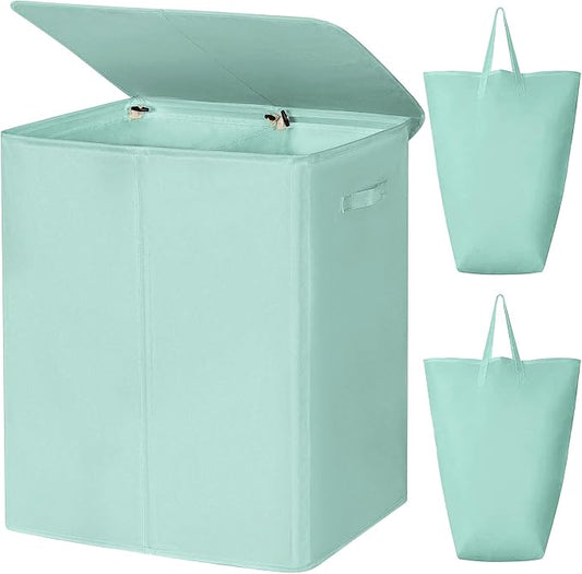 WOWLIVE 154L Double Laundry Hamper 2 Section with Lid and Removable Bags | Divided Laundry Basket, Large Dirty Clothes Hamper with Handle, Collapsible Laundry Storage for Dorm, College, Mint Green
