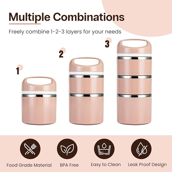 Lille Home Stackable Stainless Steel Thermal Compartment Lunch/Snack Box, 3-Tier Insulated Bento/Food Container with Lunch Bag and Three Extra Seals, 43OZ (Gold)