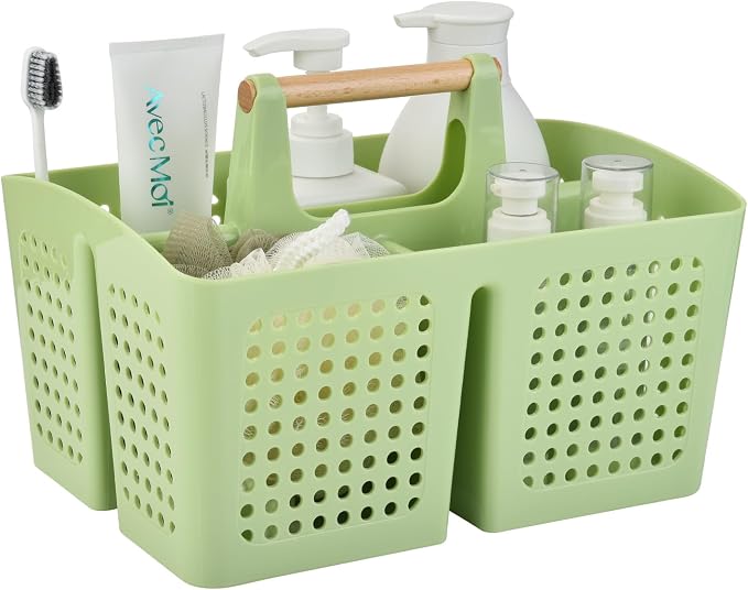 Portable Shower Caddy Basket with Wood Handle, 3-Compartment Bathroom Organizer Tote with Drain Holes, Plastic Shower Basket for Dorm, Toiletries, Cleaning Supplies,Grass Green
