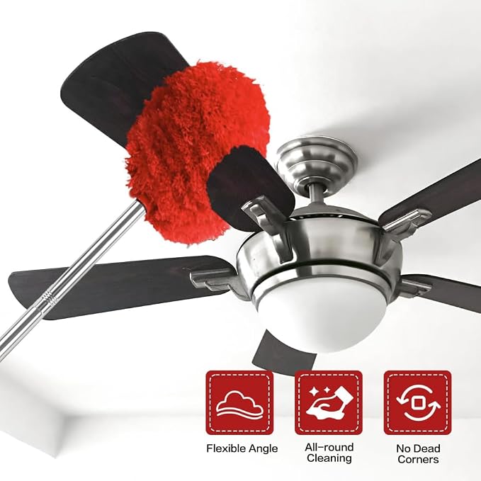 Ceiling Fan Cleaner Duster Reusable Microfiber Ceiling Fan Blade Cleaner Removable Duster with Extension Pole Adjusts 13 to 49.7 Inch for Cleaning Walls Bookshelves Furniture Door Window Top (Red)