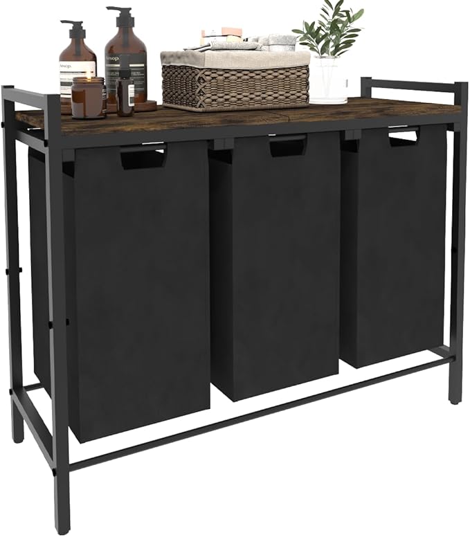 10 x 3 Gal Large Laundry Hamper, Rustic Brown and Black | Freestanding Clothes Basket Organizer with 3 Pull-Out & Removable Sorter Bags for Clothing or Toys in Bathroom & Living Room