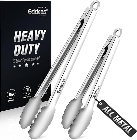 Eddeas All Metal Tongs For Cooking - Heat Resistant 600 Degrees Stainless Steel Kitchen Tongs, Set of 2-9" & 12 inch, Locking Tongs, For Food,Salad, BBQ, Grilling, Dishwasher safe