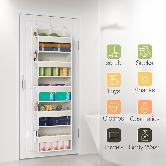 Over the Door Organizer with 5 Front & 10 Mesh Side Pockets, Versatile 5 Shelf Hanging Door Organizer 50lb Capacity Extra Large Storage Space-Saving with 3 Hook for Closet, Kitchen, Pantry, Beige