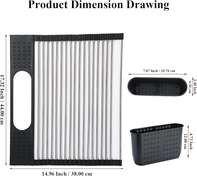Berglander Dish Drying Rack Over The Sink, L17.5 by W 15" Rollable Stainless Steel Dish Rack with Removable Storage Basket, Perfect for Kitchen Sink