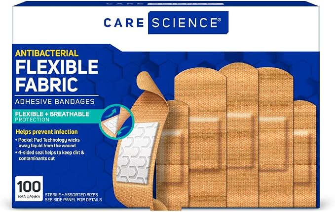 Care Science Antibacterial Fabric Bandages, Asst. Sizes, 100ct (Pack of 72) | Flexible + Breathable Protection for First Aid and Wound Care.