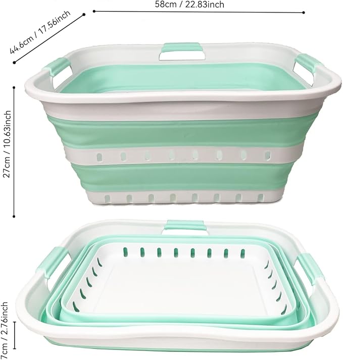 SAMMART 42L (11 gallon) Collapsible Plastic Laundry Basket - Foldable Pop Up Storage Container/Organizer - Space Saving Hamper/Basket (1, White/Light Green)