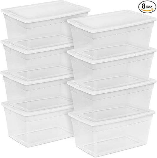 Sterilite 8-Pack 90 Quart Storage Box, Stackable Clear Plastic Bins with Snap-On Lids - Heavy-Duty Organizing Containers for Closet, Bathroom, and Office