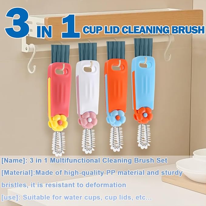 3 in 1 Cup Lid Cleaning Brush, 8PCS Multifunctional Crevice Cleaning Brush for Tumbler Water Bottle Lid, Deep Clean Tool for Home Kitchen, Red, Blue, White, Orange