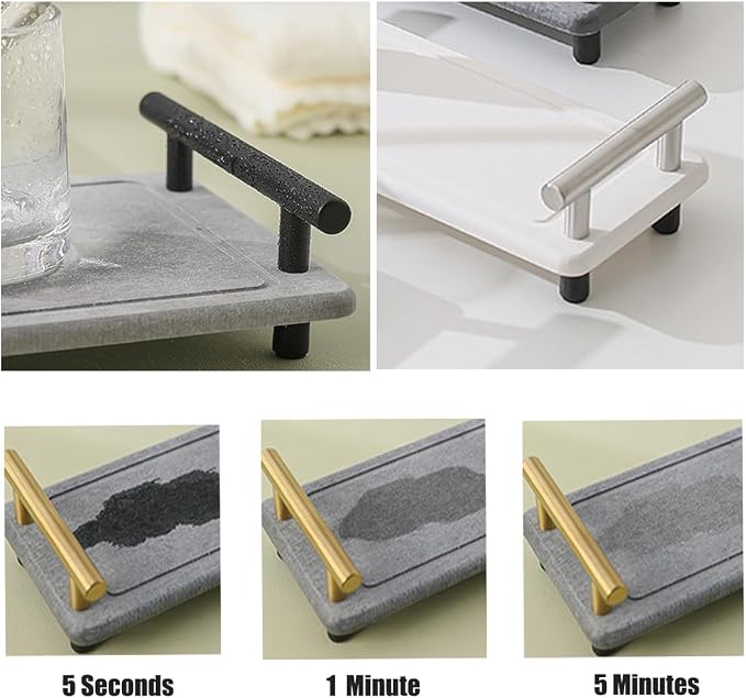 Generic Instant Dry Sink Caddy Organizer, Diatomaceous Earth Bathroom Organizer with Handle Water Absorbing Stone Tray for Sink, Water Absorbent Diatomite Coasters (L Gray Silver Handle)