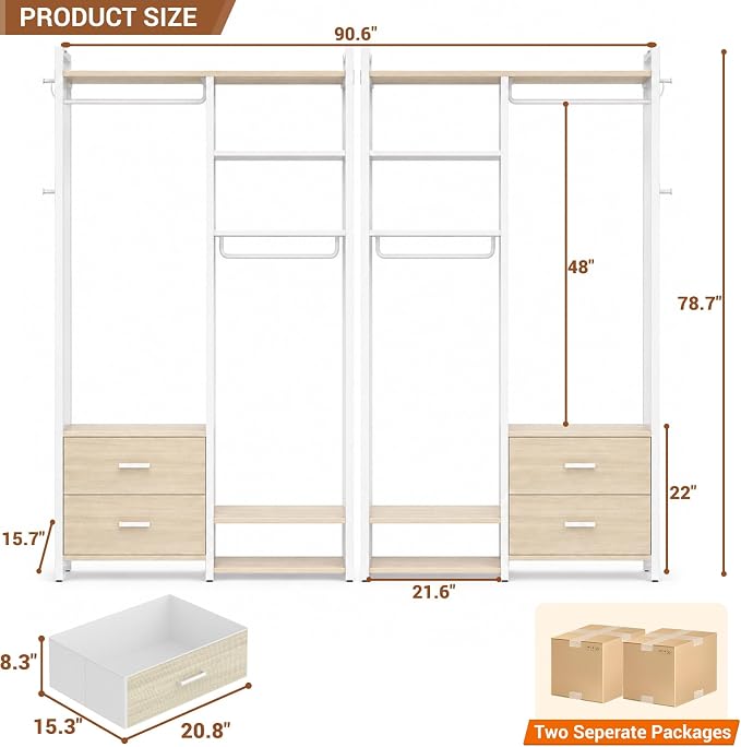 78.7'' Clothes Rack for Hanging Clothes - Reversible Clothing Rack with 4 Drawers, Heavy Duty Garment Racks with Shelves, 6 Tiers Freestanding Portable Closet Wardrobe System, Set of 2 White Oak