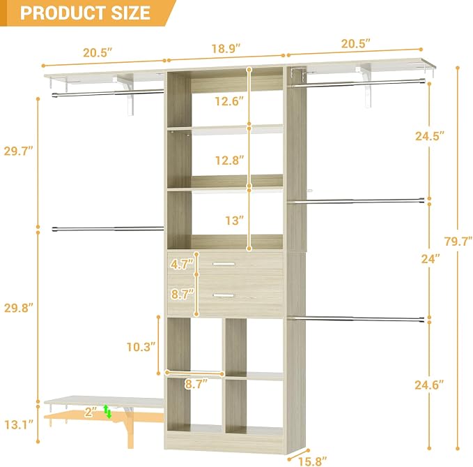 Small Closet System - 5FT Closet Organizer System with Wooden Drawers, 60 Inches Walk In Closet System With 5 Hanging Rods, Can Fit 1.58 to 6.8 FT with Reversible Hanging Shelving, Greige Oak