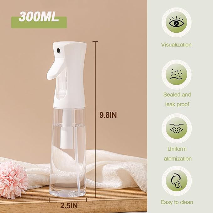 Fine Continously Mist Spray Bottle (10.1oz/300ml) for Body moisturizer Hair styling Cleaning Garden plant care etc.,Hair Mister Misting Continuous Mist Spray Bottle,2Pcs (Black+White)
