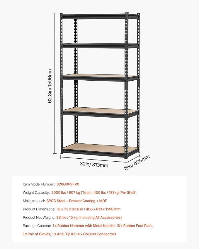 VEVOR Storage Shelves, 2000 lbs, 5 Tier Garage Storage Shelving, 16" D x 32" W x 62.8" H Adjustable Metal Shelves for Garage Shelves Utility Rack Shelf, Ideal for Kitchen, Warehouse, Basement, Black