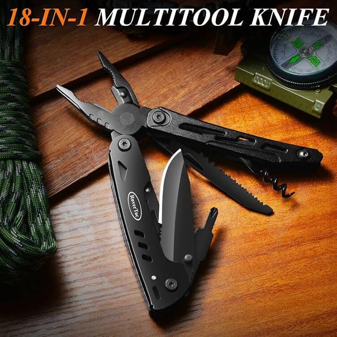 18-in-1 Multitool Pocket Knife with Pliers, Saw, Corkscrew & Detachable Scissors, Multi Tool with Safety Lock, 9 Screwdriver Bits, Camping Gear, Gifts for Men