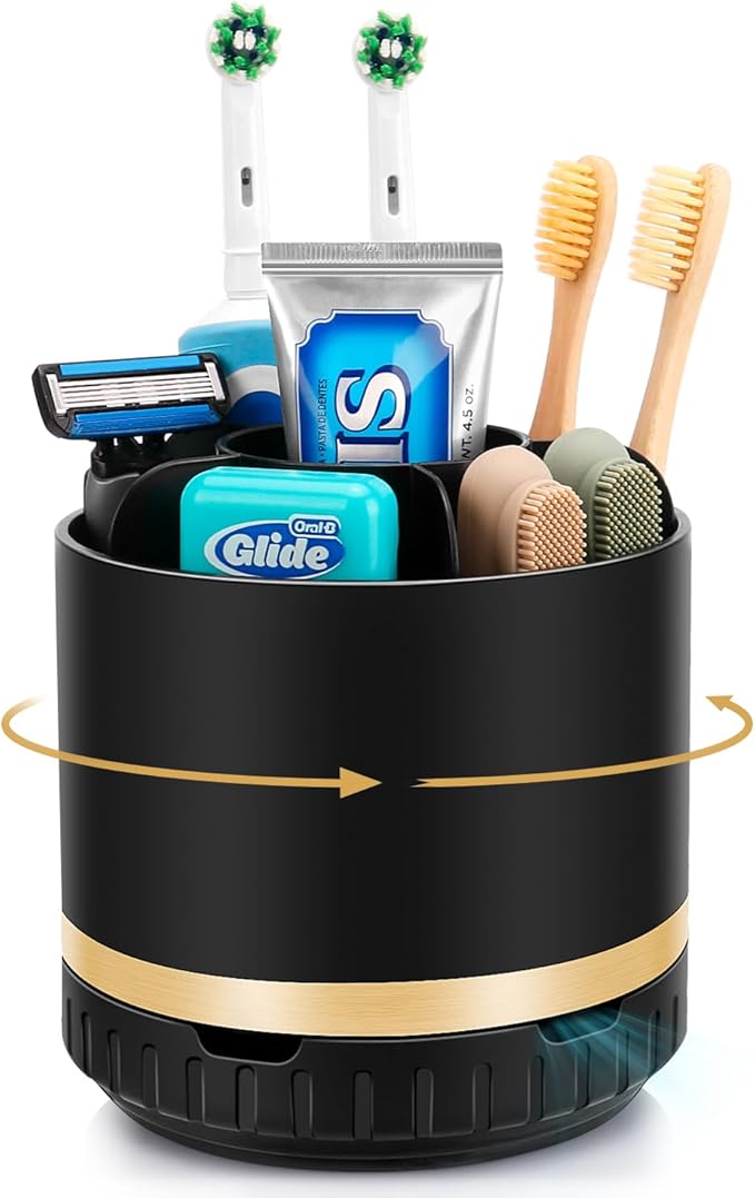 GFWARE Bathroom Organizer Countertop - Rotating Black Toothbrush Holder for Bathroom Accessories Organization Detachable 6 Slots Bathroom Sink Storage Caddy Vanity Organizer