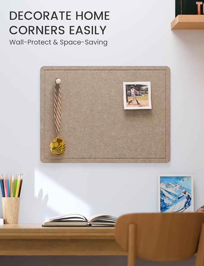 Fluxynara 23.6" x 17.1" Bulletin Board, Taupe | Cork Board Alternative with 12 Removable Adhesive Tabs, Foldable Felt Pin Board for Home, Office, Classroom & Dorm