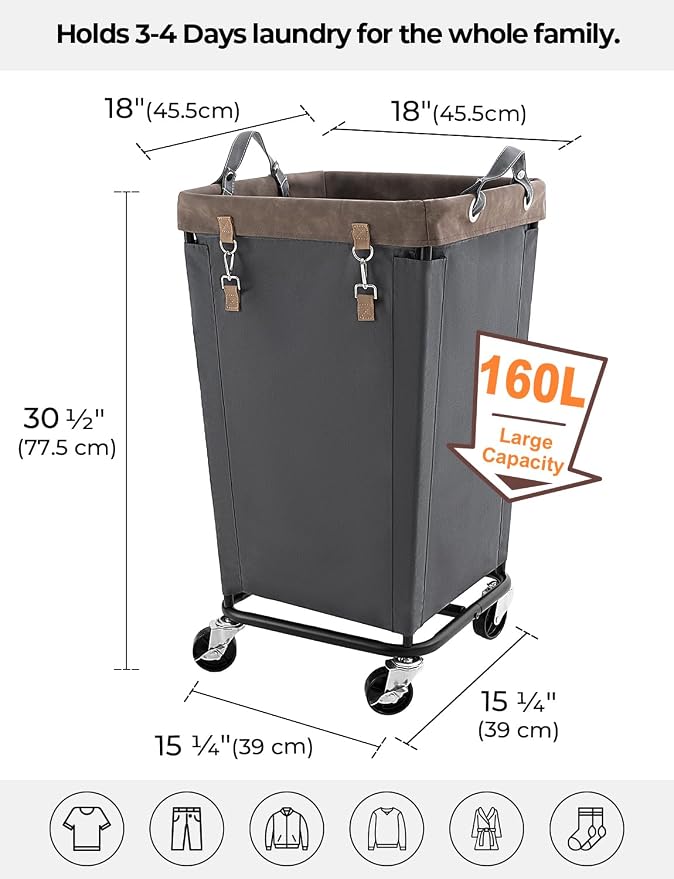 StorageWorks 160L Laundry Basket with Wheels, Rolling Hampers for Clothing