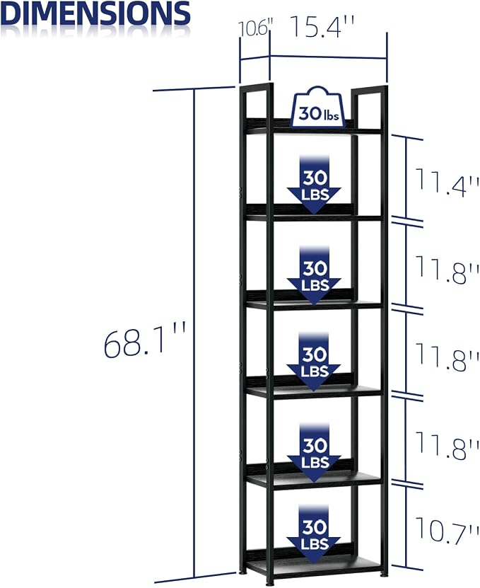 NUMENN Narrow Bookshelf, 6 Tier Freestanding Shelving Unit, Black | Metal Frame & Wood Shelves, Falling Prevention Baffle, Open Storage Bookcase for Bedroom, Living Room & Home Office