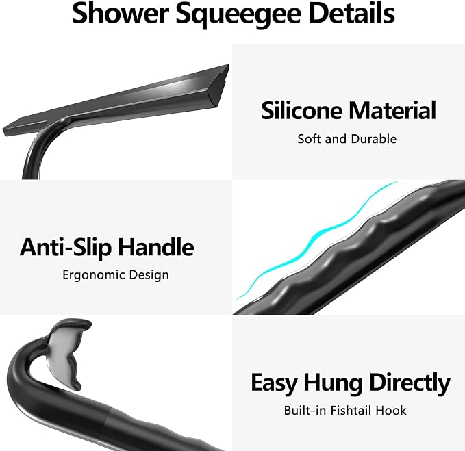 Shower Squeegee for Glass Doors, All-One-Piece Winning - Silicone Squeegee | Squeegee with Built-in Hook for Shower Glass,Bathroom, Window, Mirror, Tile Wall,Car, Streak-Free Cleaner Tool,10-Inch,Black