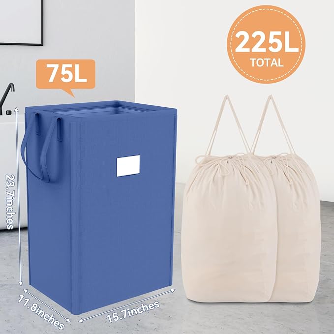 MCleanPin 210L Large Laundry Hamper Collapsible with 2 Washable Laundry Bags, Dirty Clothes Hamper, Laundry Basket with Handles Foldable Laundry Basket for Dorm College(Navy Blue)