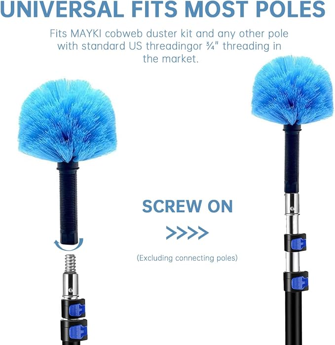 MAYKI Twist-On Cobweb Duster Head Brush 1Pcs, Fits Standard 3/4 inch Threaded Poles, Attachment Spider Web Duster Brush for Outdoor & Indoor Cleaning