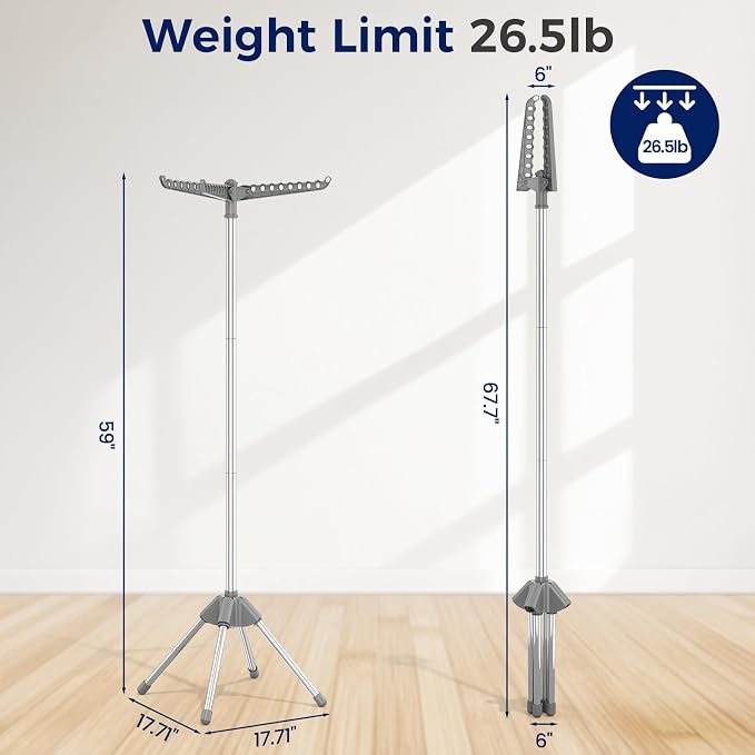 KINGBOARD Clothes Drying Rack, 59" H Laundry Drying Rack, 3 Rotatable Arms | 360° Rotatable Arms, 27 Hanger Holes, Stainless Steel, Tool-Free Setup, Portable for Travel & Small Home, Indoor, 27lbs Hold