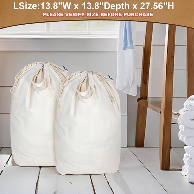 Canvas Laundry Bags with Handles & Square Base 13.8"Wx13.8"Dx27.6"H, 2 Pack | Large Heavy Duty Laundry Hamper Bag, Washable Drawstring Dirty Clothes Sack for College Dorm, Home Storage, Beige