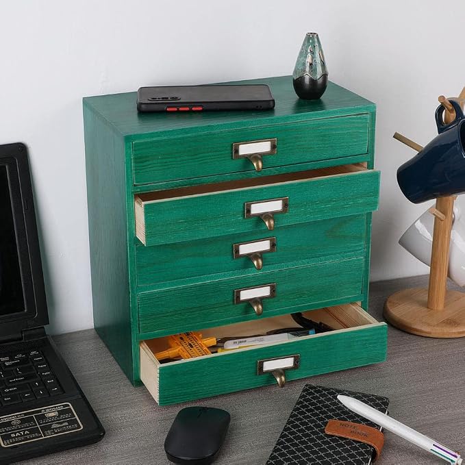 GoooodGIFT Wooden Drawers Small Wooden Box with Drawer, Green | 5 Drawer Wood Storage Box , Vintage Desktop Organizer with Drawers, Desk Organizers for Library Card Catalog Cabinet
