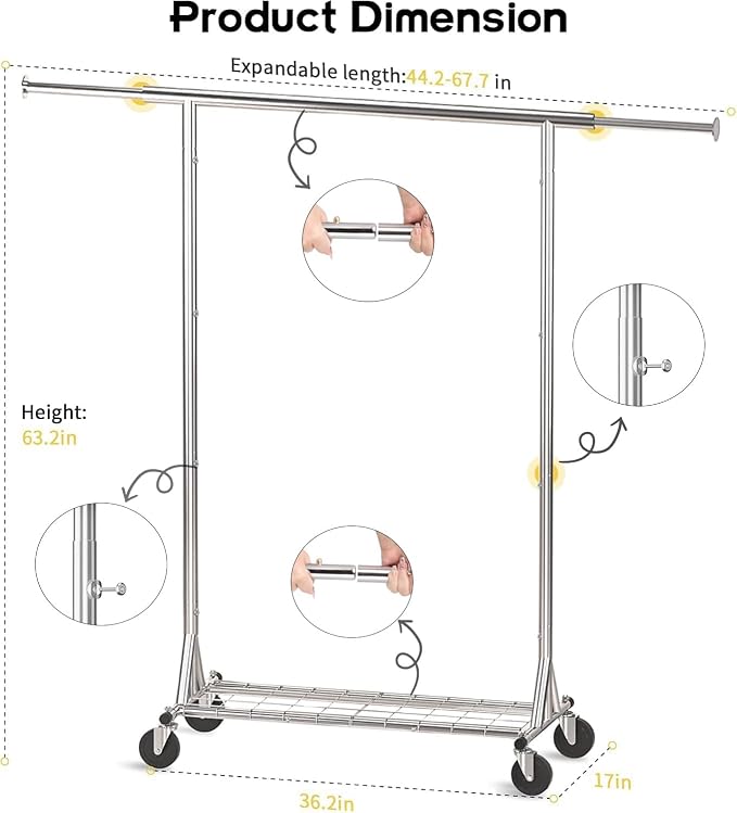 Clothing Garment Rack Capacity 550LBS Rolling Clothes Rack on Wheels - Heavy Duty Commercial Storage Organizer - Mobile Clothes Rack with Multifunctional Design (Silver)