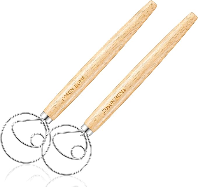 2 Pack Danish Dough Whisk Hook Sourdough Bread Baking Supplies Starter Kit | 13.5 Inches; Quick Hand Mixing Tool; Wooden Handle Stainless Steel Loop; Easy Clean; Diswasher Safe; for Batter Pastry Flour