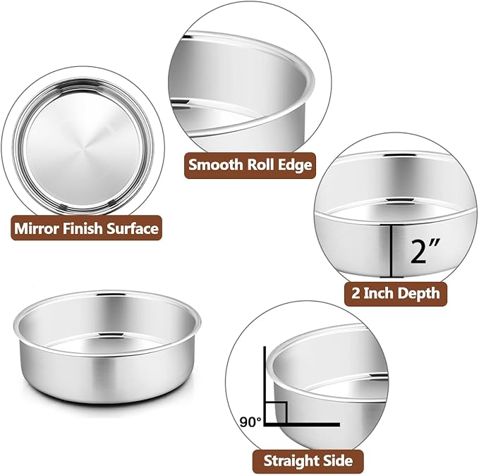 P&P CHEF Cake Pans Sets for Baking, 4" + 4" + 6" + 6" 4 Piece Stainless Steel Round Cake Pans Tin, Oven/Pot/Dishwasher Safe, Combination of Different Sizes, Leak-proof & Easy Clean